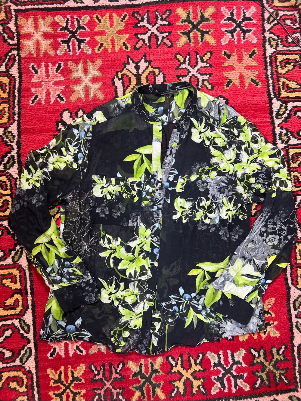 BCBGMaxAzria 100% Silk Black Blouse with Lime Green and Sky Blue Floral Print